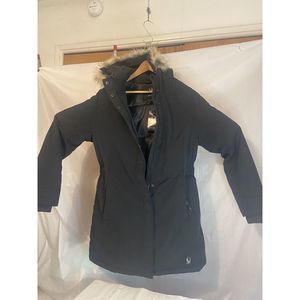 Women's Spyder Long Black Quilted Puffer Jacket‎ W/ Faux Fur Hood- Size L-NWT